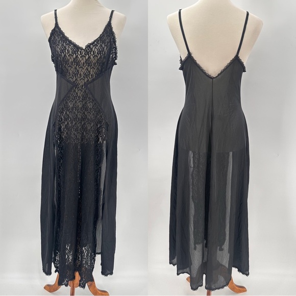 Vintage 90s Fredrick’s of Hollywood Black Lace Sheer Maxi Slip Dress Lingerie - Picture 1 of 3